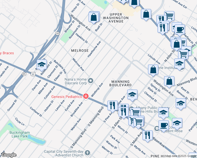 map of restaurants, bars, coffee shops, grocery stores, and more near 78 Winthrop Avenue in Albany