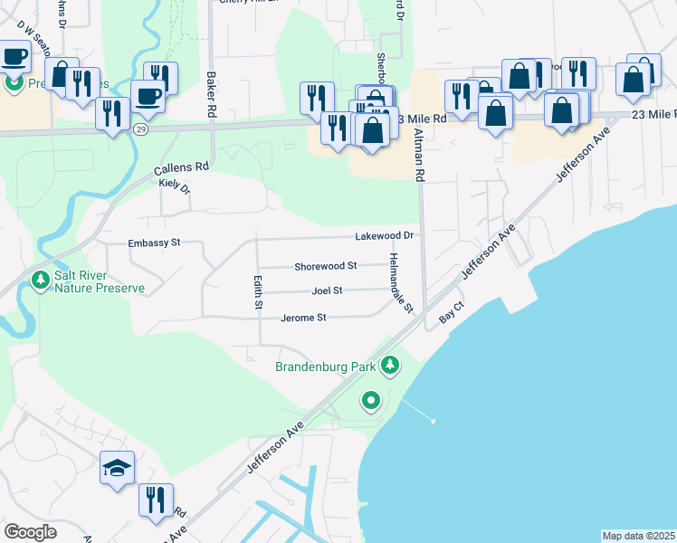 map of restaurants, bars, coffee shops, grocery stores, and more near 34600 Shorewood Street in New Baltimore