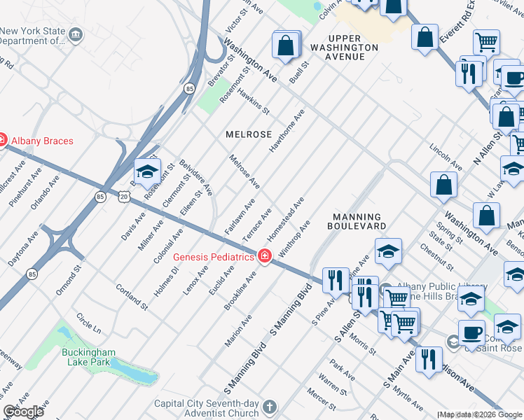 map of restaurants, bars, coffee shops, grocery stores, and more near 48 Terrace Avenue in Albany