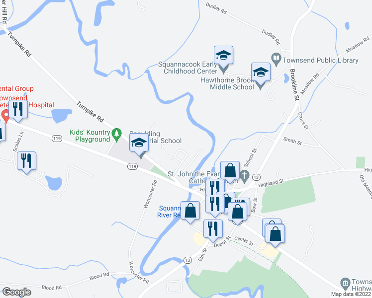 map of restaurants, bars, coffee shops, grocery stores, and more near 5 Turnpike Road in Townsend