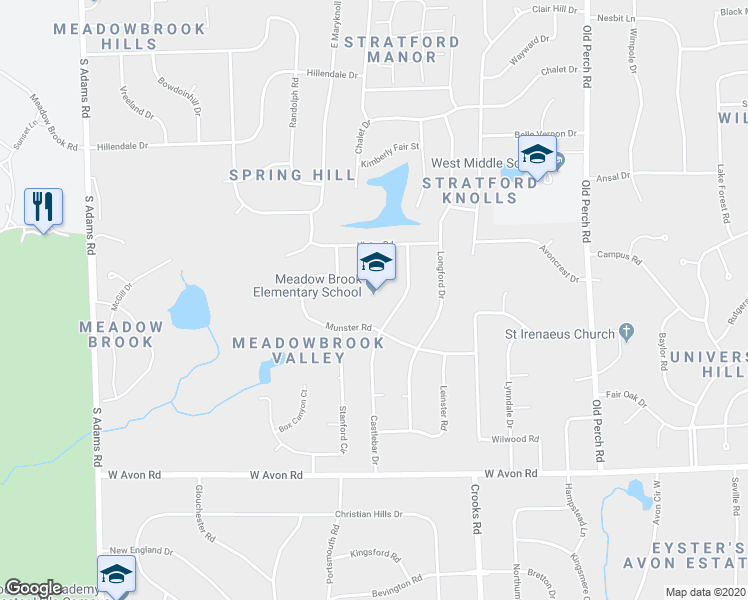 map of restaurants, bars, coffee shops, grocery stores, and more near 2350 Munster Road in Rochester Hills