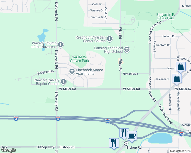 map of restaurants, bars, coffee shops, grocery stores, and more near 3410 Independence Lane in Lansing