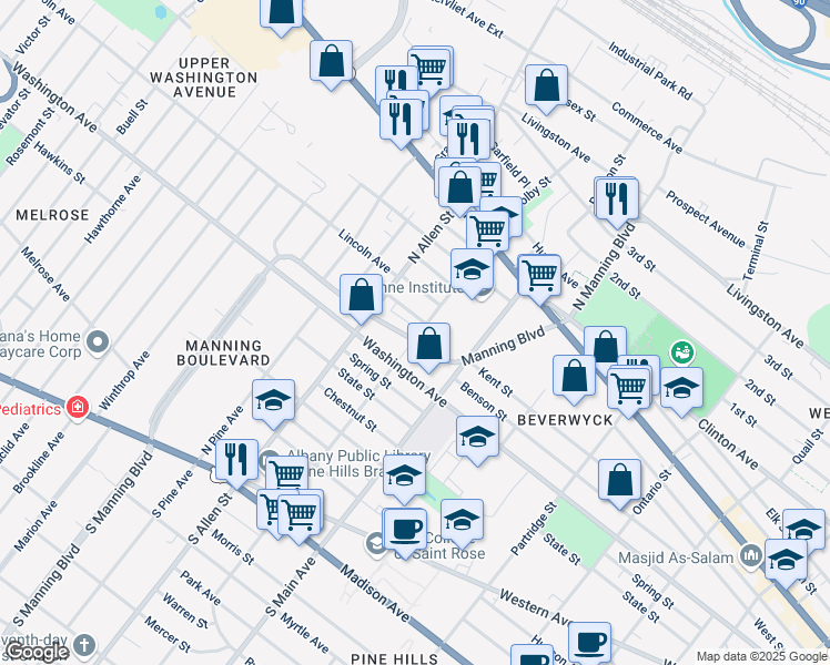 map of restaurants, bars, coffee shops, grocery stores, and more near 352 Manning Blvd in Albany