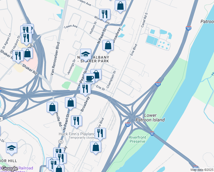 map of restaurants, bars, coffee shops, grocery stores, and more near 2 South Street in Albany
