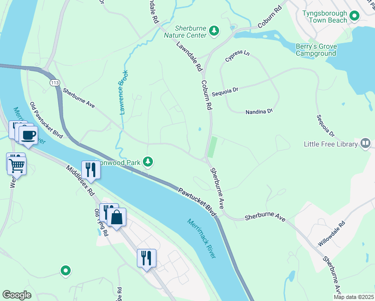 map of restaurants, bars, coffee shops, grocery stores, and more near 58 Sherburne Avenue in Tyngsborough