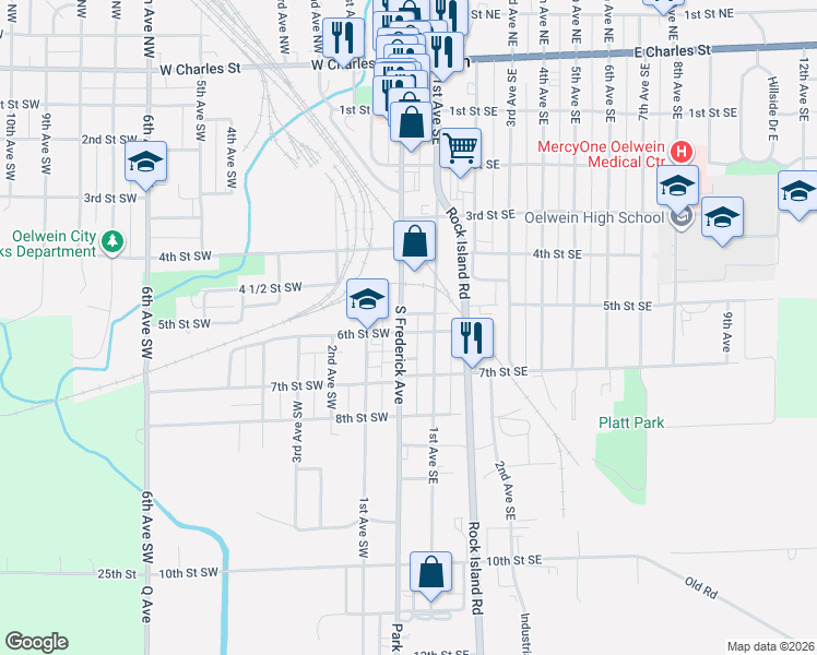 map of restaurants, bars, coffee shops, grocery stores, and more near 52-98 6th Street Southeast in Oelwein