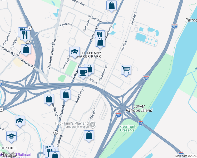 map of restaurants, bars, coffee shops, grocery stores, and more near 2 South Street in Albany