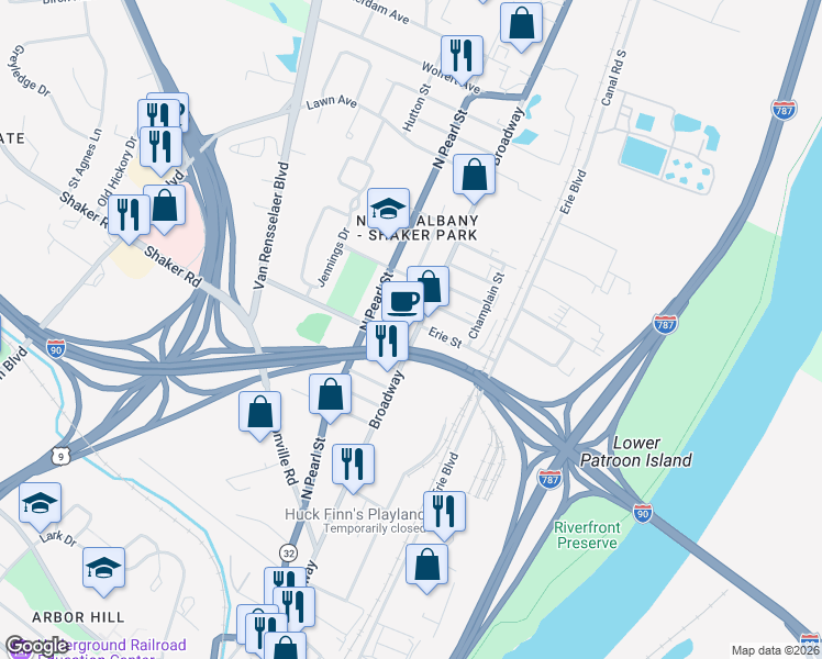 map of restaurants, bars, coffee shops, grocery stores, and more near 1201 Broadway in Menands