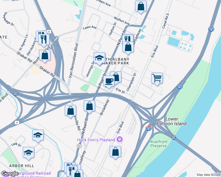 map of restaurants, bars, coffee shops, grocery stores, and more near 2 Walter Street in Albany