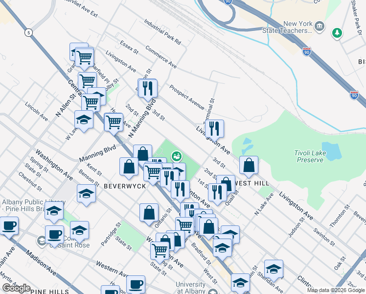 map of restaurants, bars, coffee shops, grocery stores, and more near 575 2nd Street in Albany