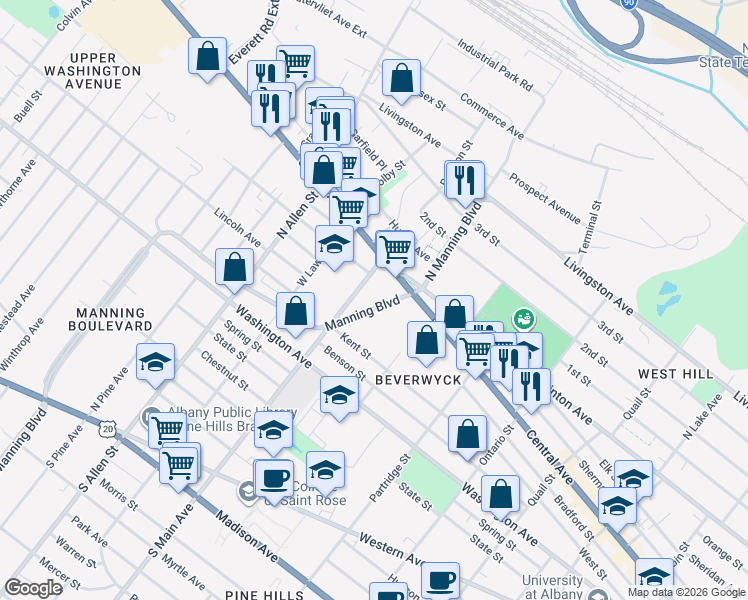 map of restaurants, bars, coffee shops, grocery stores, and more near 410 Manning Boulevard in Albany