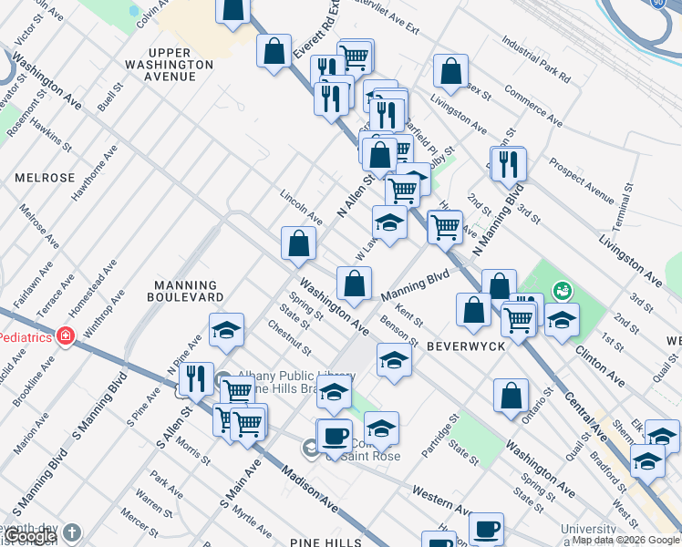 map of restaurants, bars, coffee shops, grocery stores, and more near 352 Manning Boulevard in Albany