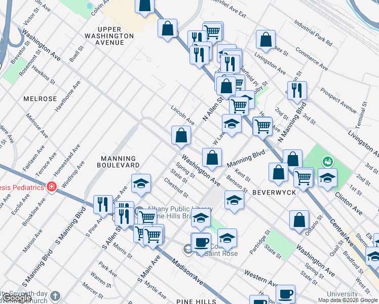 map of restaurants, bars, coffee shops, grocery stores, and more near 827 Washington Avenue in Albany