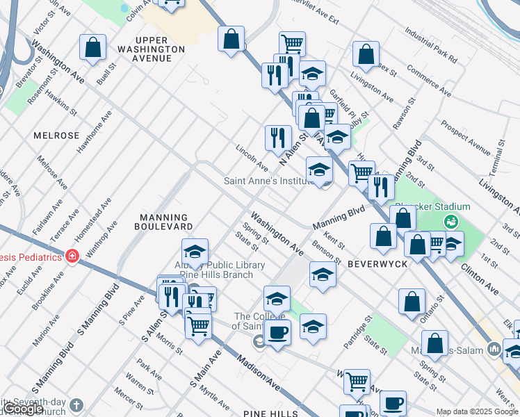 map of restaurants, bars, coffee shops, grocery stores, and more near 325 Manning Boulevard in Albany