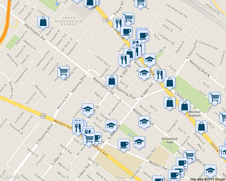 map of restaurants, bars, coffee shops, grocery stores, and more near 827 Washington Avenue in Albany