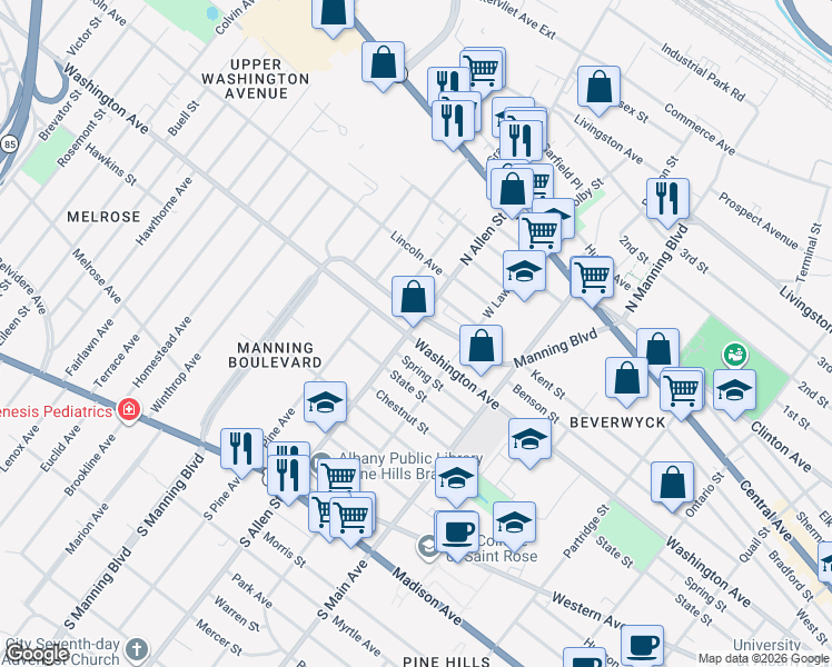 map of restaurants, bars, coffee shops, grocery stores, and more near 827 Washington Avenue in Albany