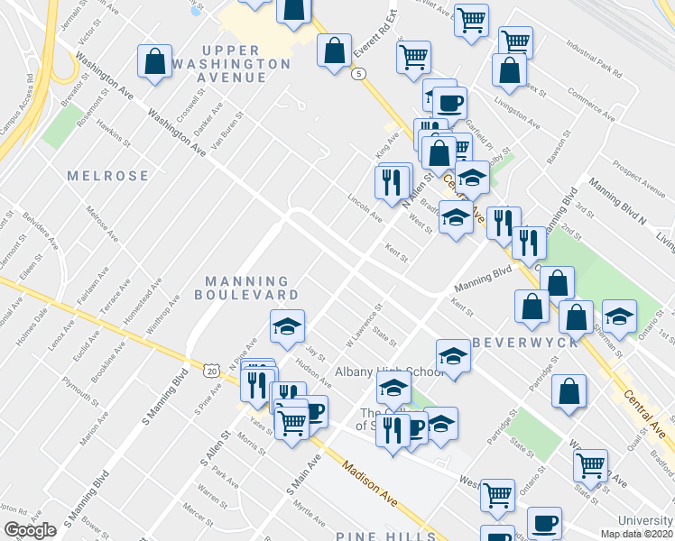 map of restaurants, bars, coffee shops, grocery stores, and more near 858 Washington Avenue in Albany