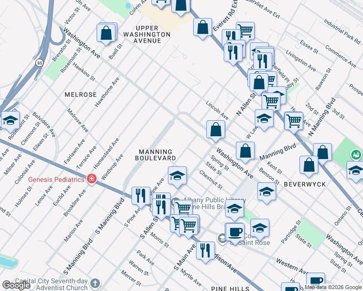 map of restaurants, bars, coffee shops, grocery stores, and more near 891 Lancaster Street in Albany
