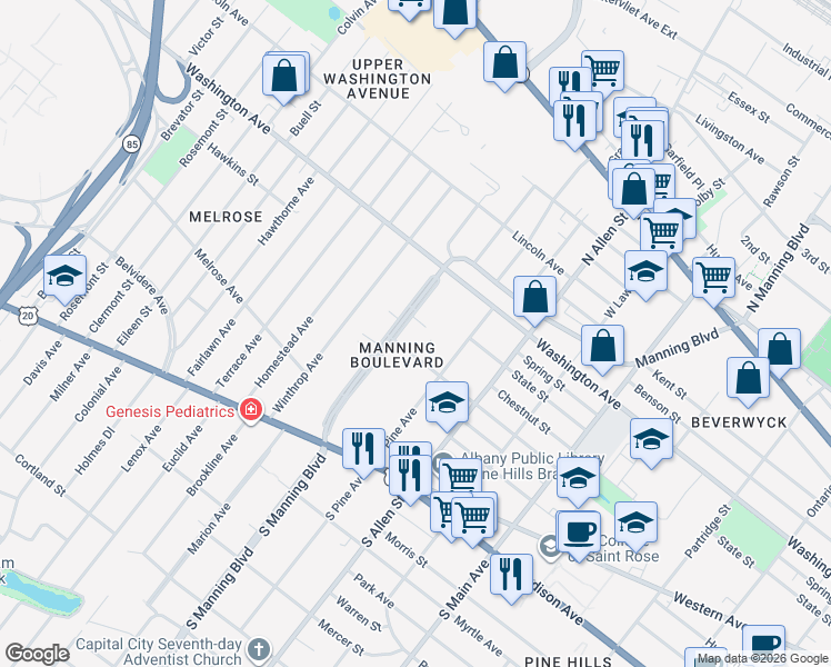 map of restaurants, bars, coffee shops, grocery stores, and more near 101 Manning Boulevard in Albany