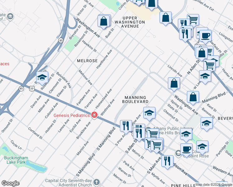 map of restaurants, bars, coffee shops, grocery stores, and more near 78 Winthrop Avenue in Albany