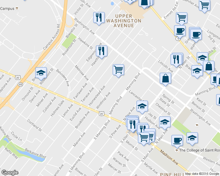 map of restaurants, bars, coffee shops, grocery stores, and more near 78 Winthrop Avenue in Albany