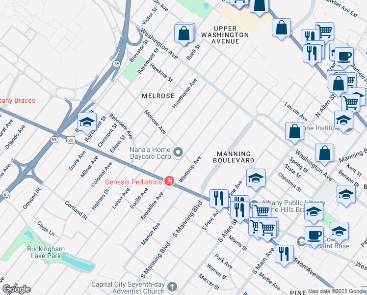 map of restaurants, bars, coffee shops, grocery stores, and more near 21 Melrose Avenue in Albany