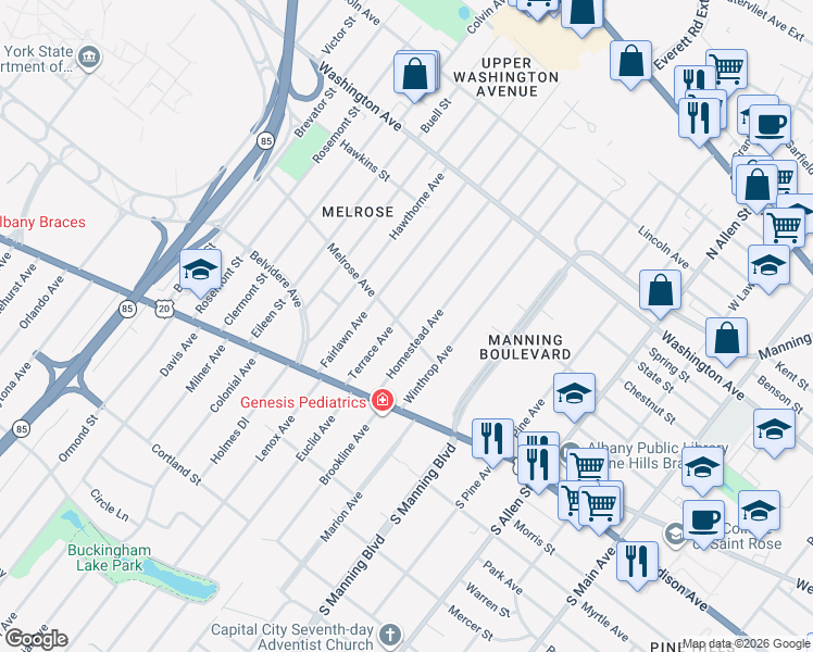 map of restaurants, bars, coffee shops, grocery stores, and more near 21 Melrose Avenue in Albany