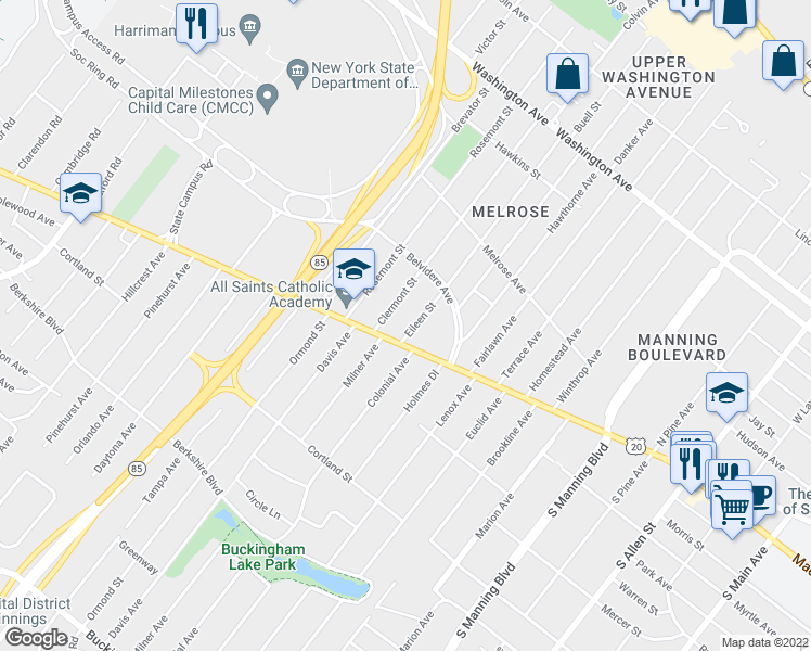 map of restaurants, bars, coffee shops, grocery stores, and more near 749 Western Avenue in Albany