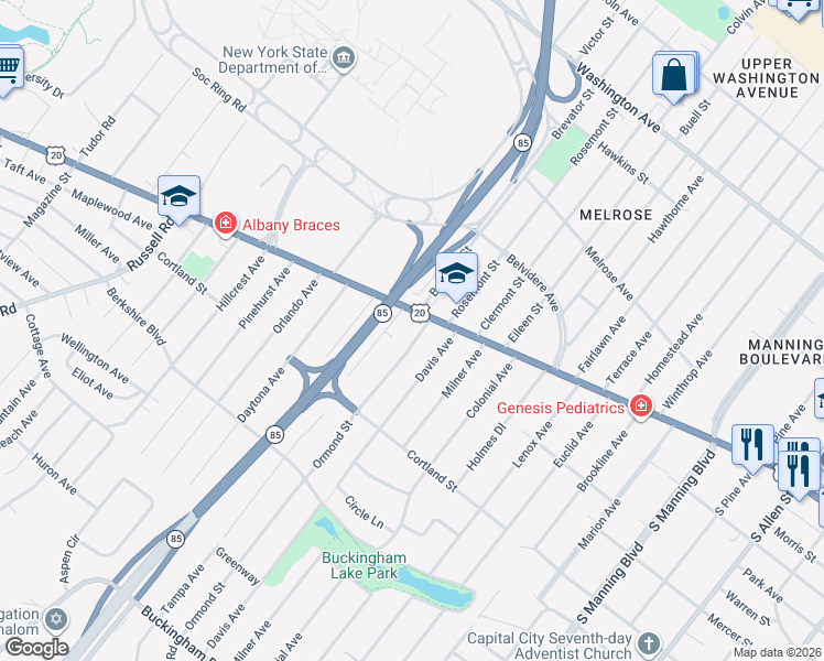 map of restaurants, bars, coffee shops, grocery stores, and more near 12 Ormond Street in Albany