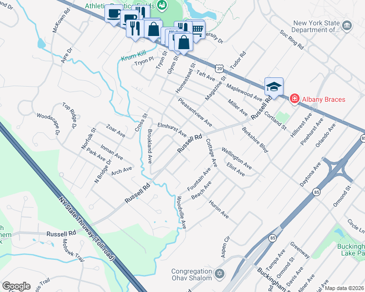 map of restaurants, bars, coffee shops, grocery stores, and more near 143 Russell Road in Albany