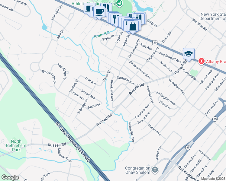 map of restaurants, bars, coffee shops, grocery stores, and more near 36 Warren Avenue in Albany