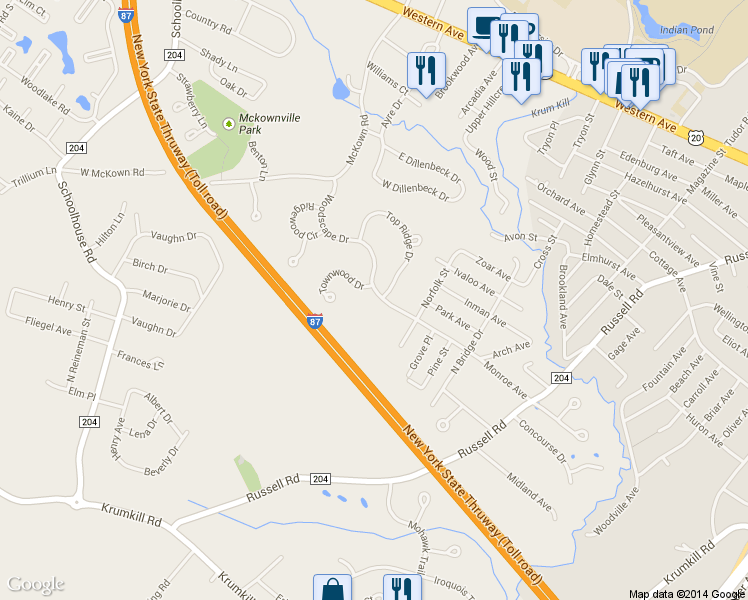 map of restaurants, bars, coffee shops, grocery stores, and more near 505 Townwood Drive in Albany