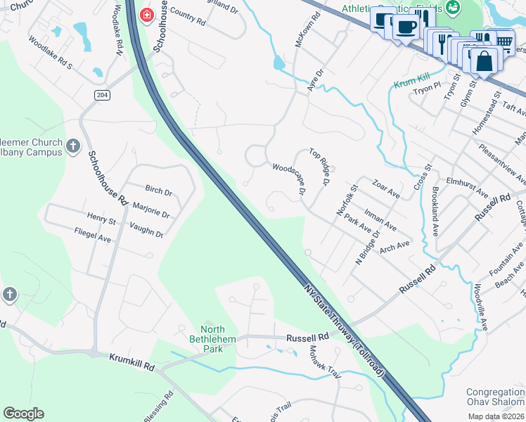 map of restaurants, bars, coffee shops, grocery stores, and more near 552 Townwood Drive in Albany