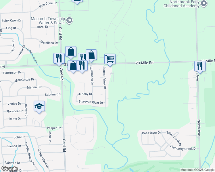 map of restaurants, bars, coffee shops, grocery stores, and more near 50645 Summit View Drive in Macomb