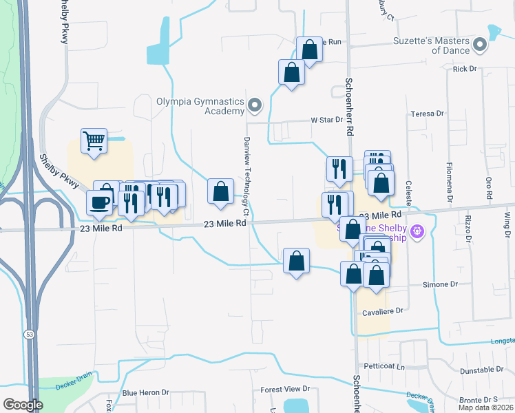 map of restaurants, bars, coffee shops, grocery stores, and more near 13001 23 Mile Road in Macomb County