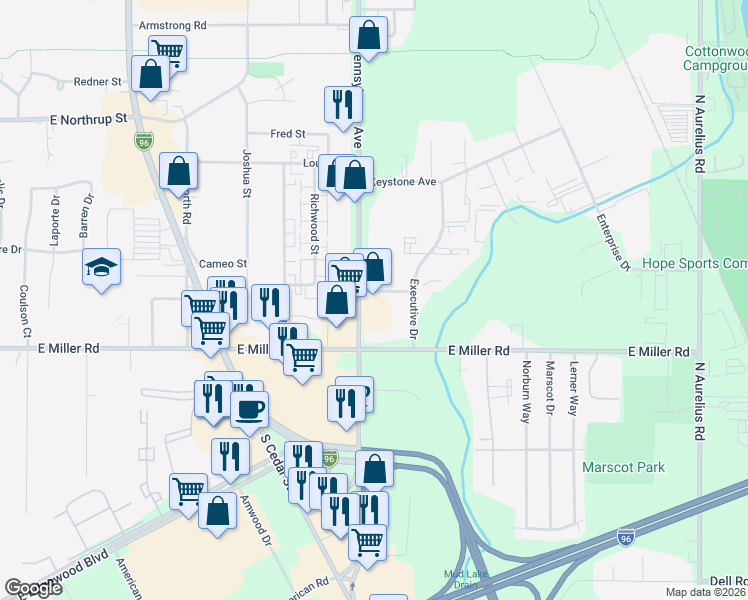 map of restaurants, bars, coffee shops, grocery stores, and more near 1000-1198 Andrew Jackson Dr in Lansing