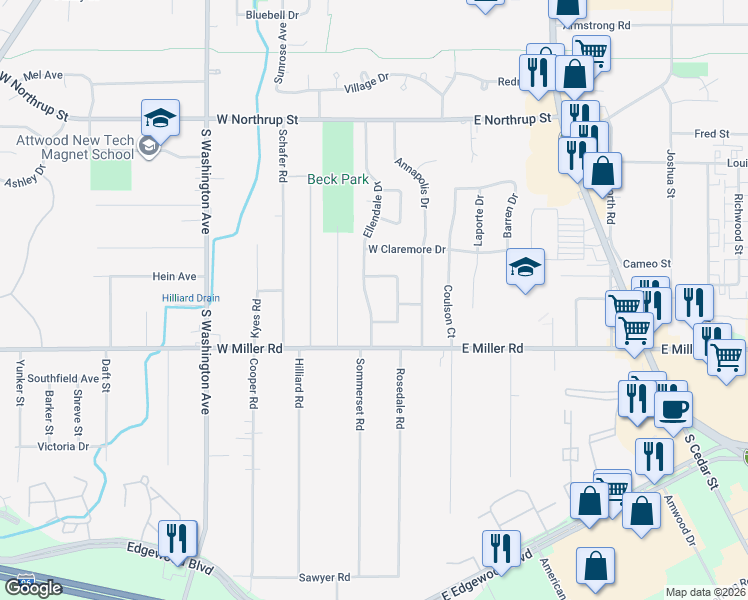 map of restaurants, bars, coffee shops, grocery stores, and more near 6032 Chesapeake Drive in Lansing