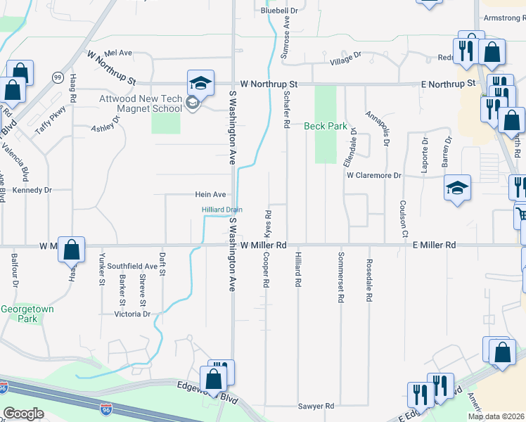 map of restaurants, bars, coffee shops, grocery stores, and more near 6028 Kyes Road in Lansing