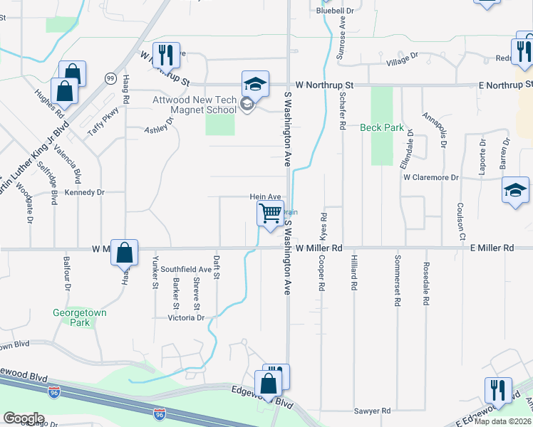 map of restaurants, bars, coffee shops, grocery stores, and more near 6020 S Washington Ave in Lansing