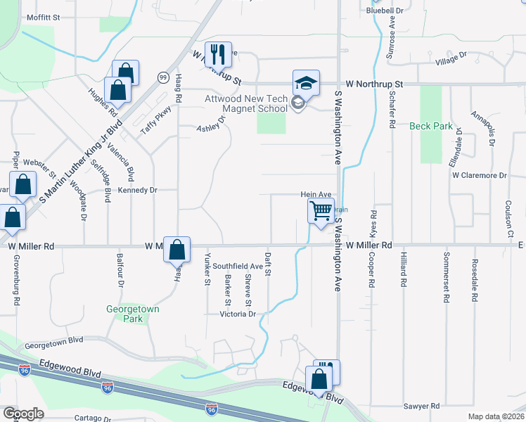 map of restaurants, bars, coffee shops, grocery stores, and more near 6033 Daft Street in Lansing