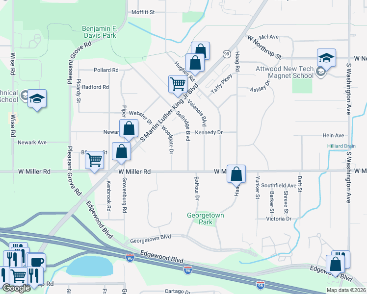 map of restaurants, bars, coffee shops, grocery stores, and more near 6038 Selfridge Boulevard in Lansing
