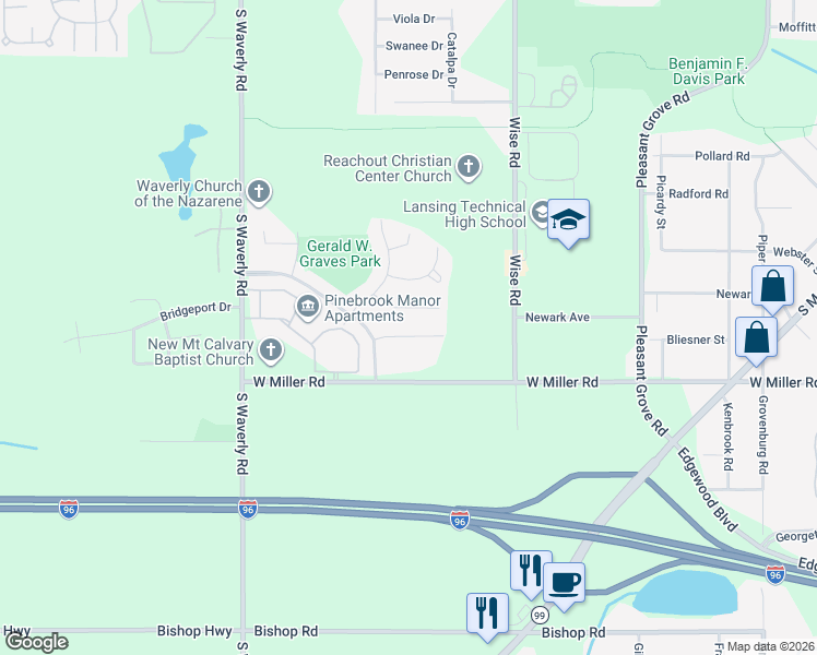 map of restaurants, bars, coffee shops, grocery stores, and more near 3410 Independence Lane in Lansing