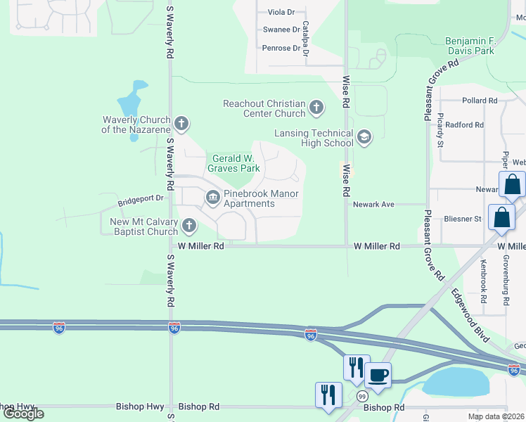 map of restaurants, bars, coffee shops, grocery stores, and more near 3410 Independence Lane in Lansing