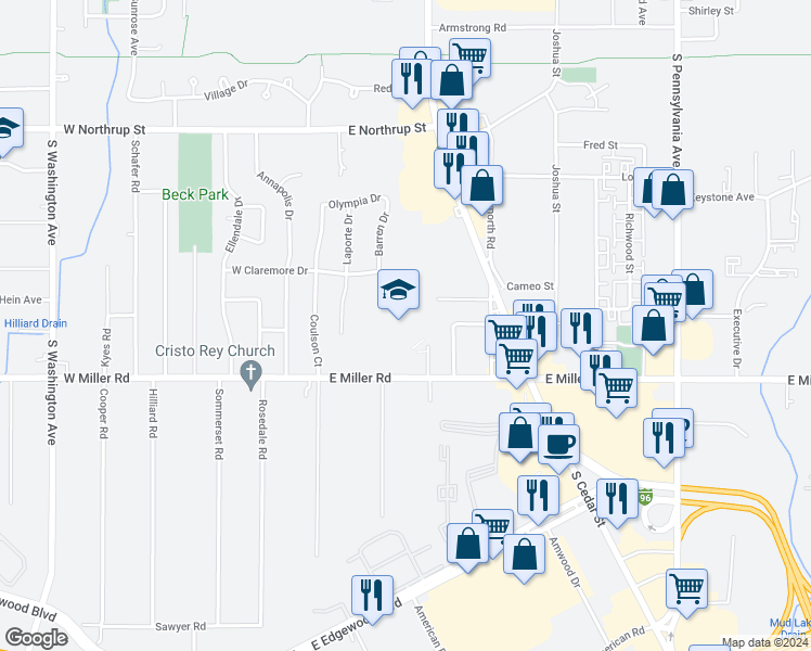 map of restaurants, bars, coffee shops, grocery stores, and more near 333 East Miller Road in Lansing