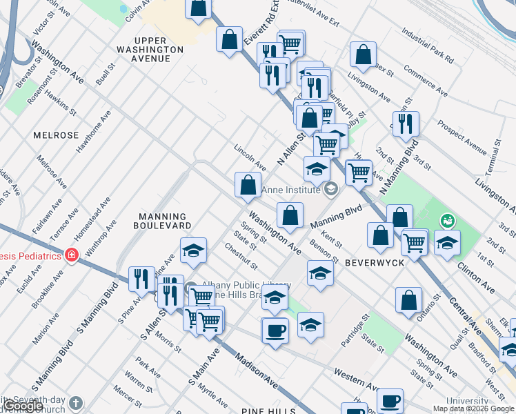map of restaurants, bars, coffee shops, grocery stores, and more near 827 Washington Avenue in Albany