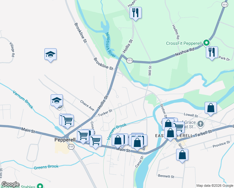 map of restaurants, bars, coffee shops, grocery stores, and more near 37 Hollis Street in Pepperell