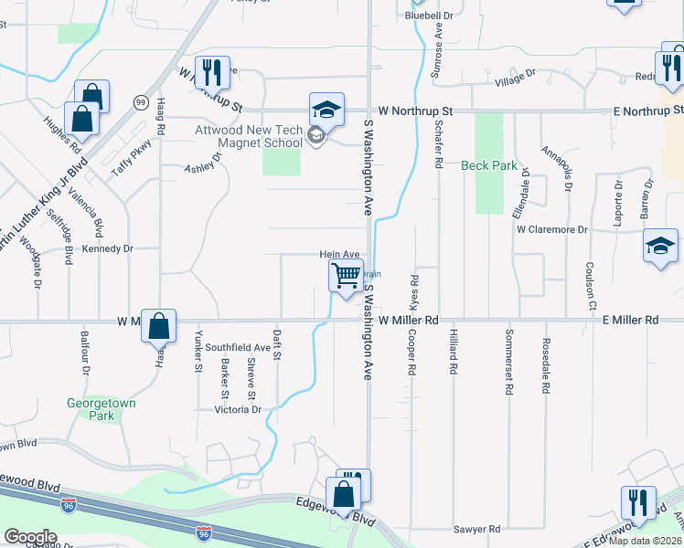 map of restaurants, bars, coffee shops, grocery stores, and more near 6020 South Washington Avenue in Lansing