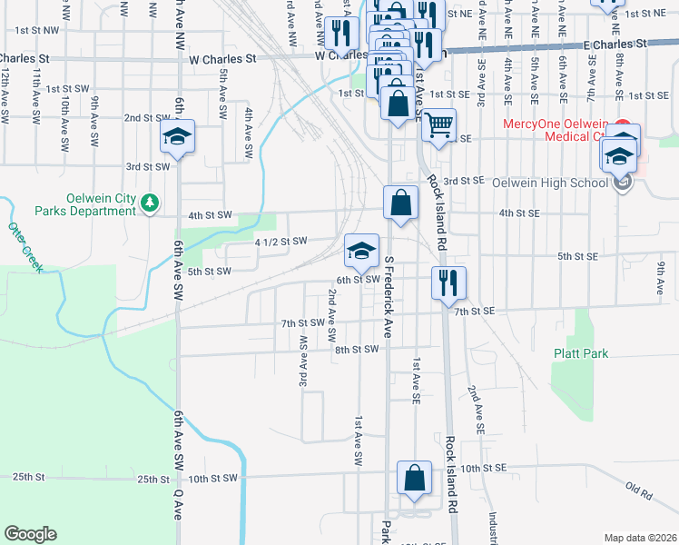 map of restaurants, bars, coffee shops, grocery stores, and more near 100-198 6th Street Southwest in Oelwein