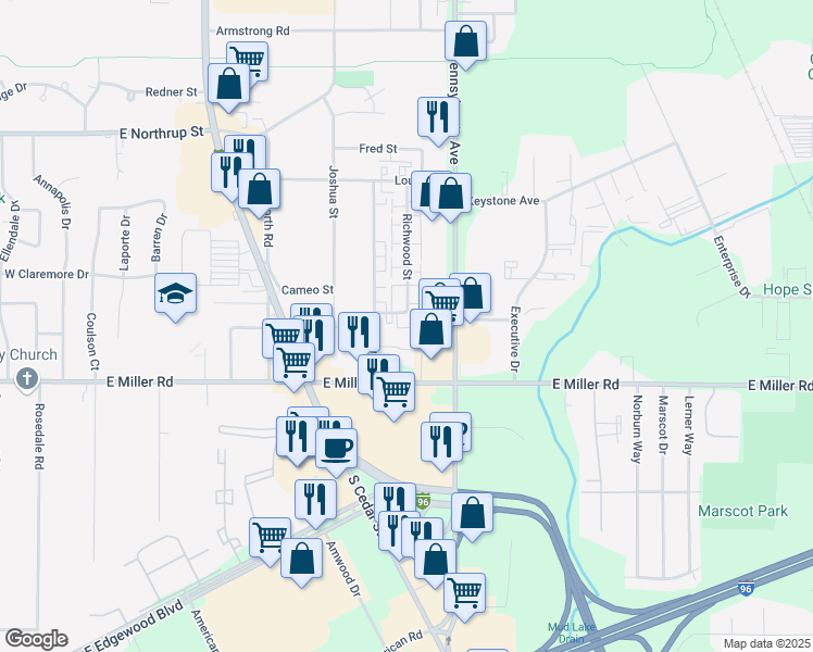 map of restaurants, bars, coffee shops, grocery stores, and more near 824 Conrad Avenue in Lansing