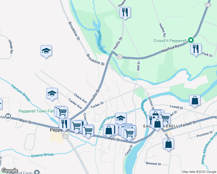 map of restaurants, bars, coffee shops, grocery stores, and more near 37 Hollis Street in Pepperell